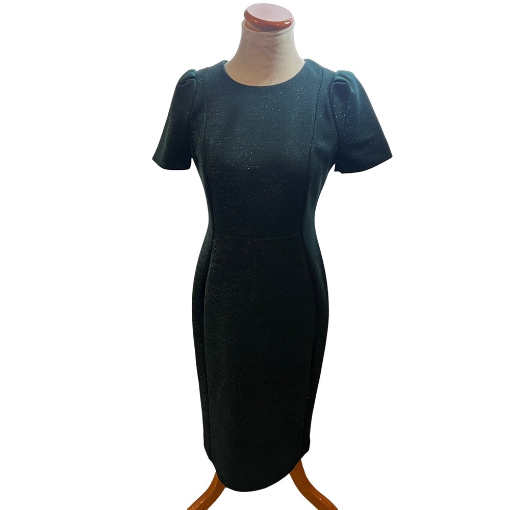 Calvin Klein Green‎ Teal Metallic Shimmer Puff Sleeve Sheath Dress Size 6